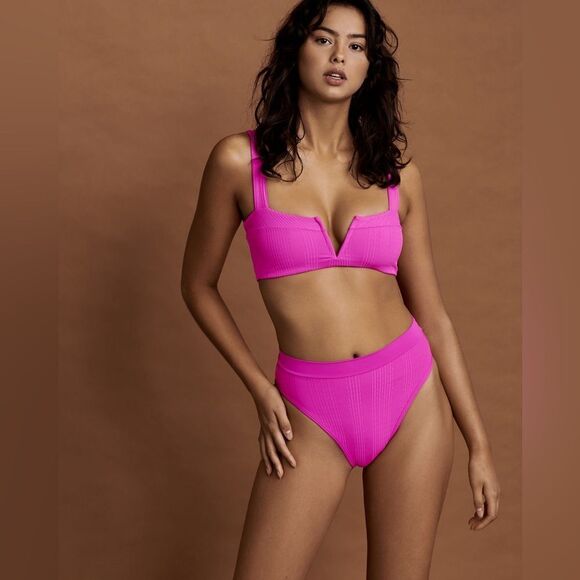 L*SPACE Frenchi Bottom Bitsy Cut High Waist Bikini Ribbed Fuchsia Pink Large New - Picture 1 of 10